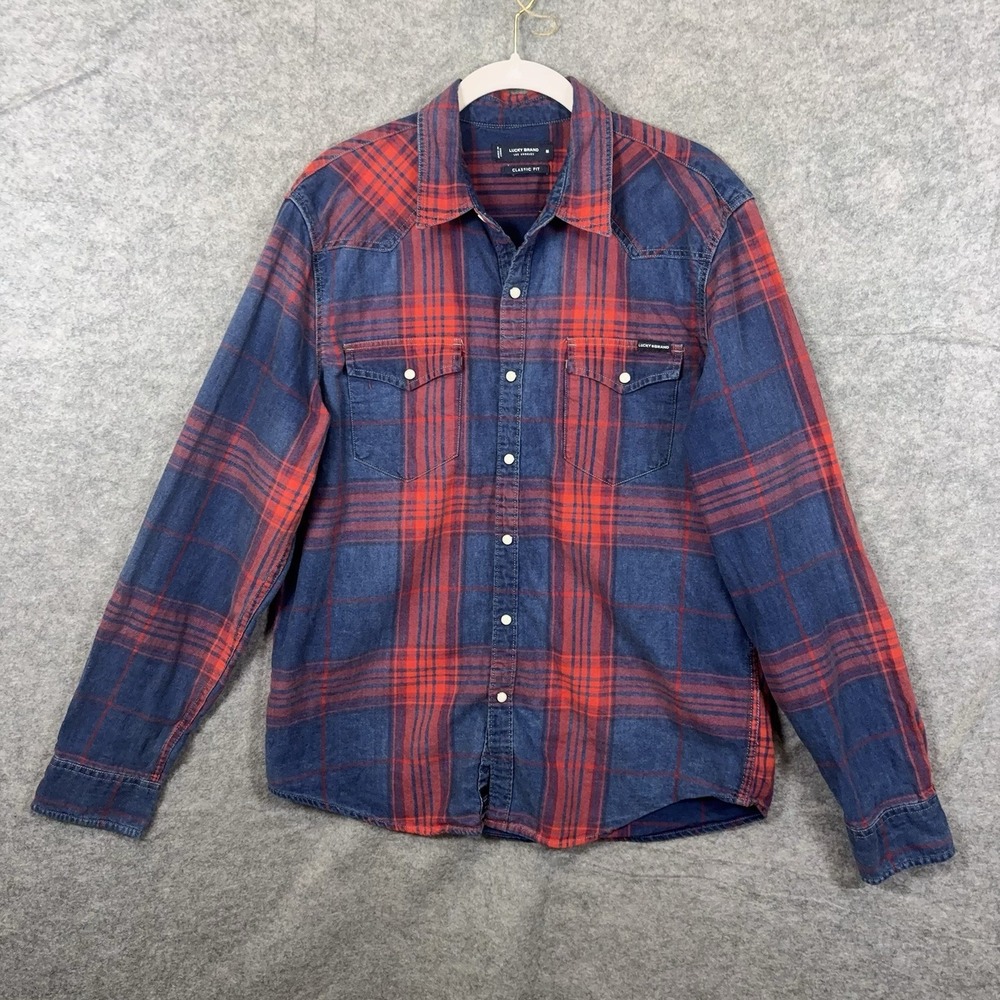 Lucky Brand Pearl Snap Denim Shirt Mens Sz M Blue Red Plaid Western Pockets - Picture 2 of 8